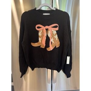 Threaded Leaf Sweater Women Small Black Western Boots Graphic Bow Pullover